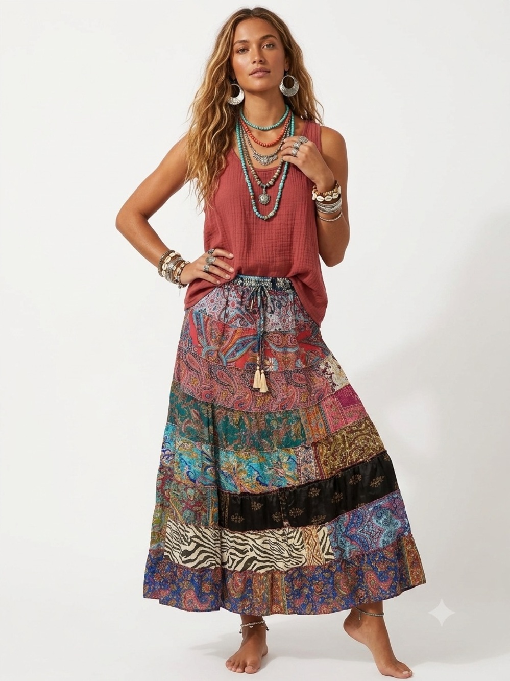 15. Boho Patchwork Sari Silk Maxi Skirt Festival Hippie Gypsy One Size India